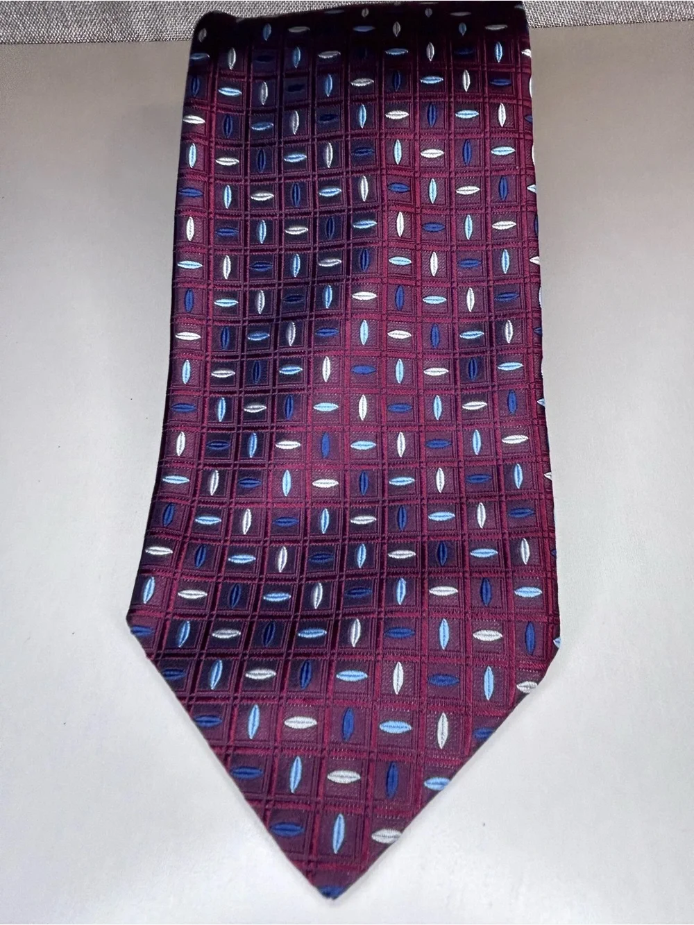 Equestrian Firenze 100% Silk Tie Made in Italy Burgundy Blue Geometric